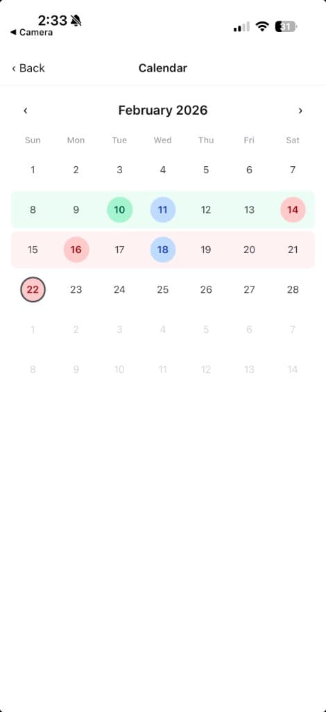 Calendar view of your workout consistency